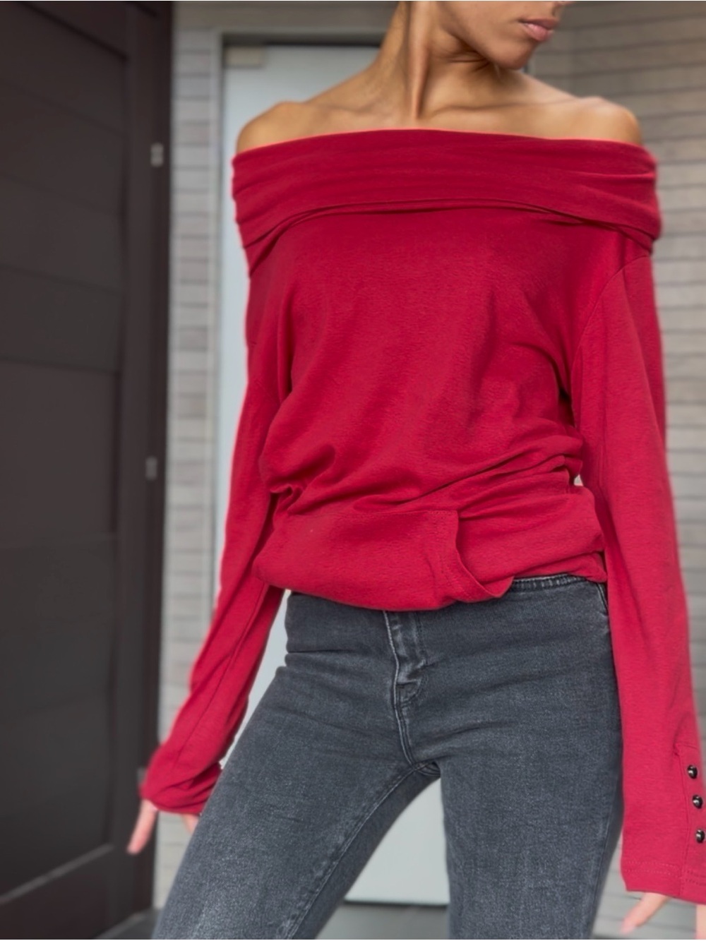 Off-the-Shoulder Red Sweater - Women